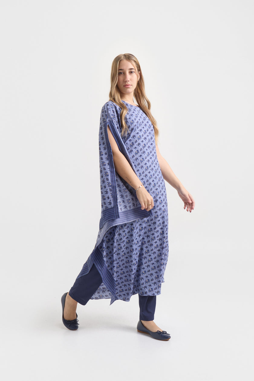 Túnica de Seda Natural Estampada – Porcelana Azul