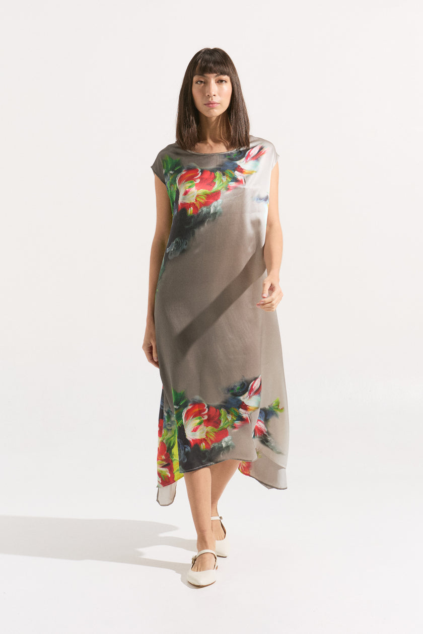 Vestido Midi de Seda Natural con Estampado Floral Acuarela