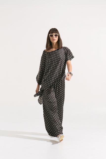 Conjunto de Seda Pura a Lunares Asimétricos - Top Kaftán y Pantalón