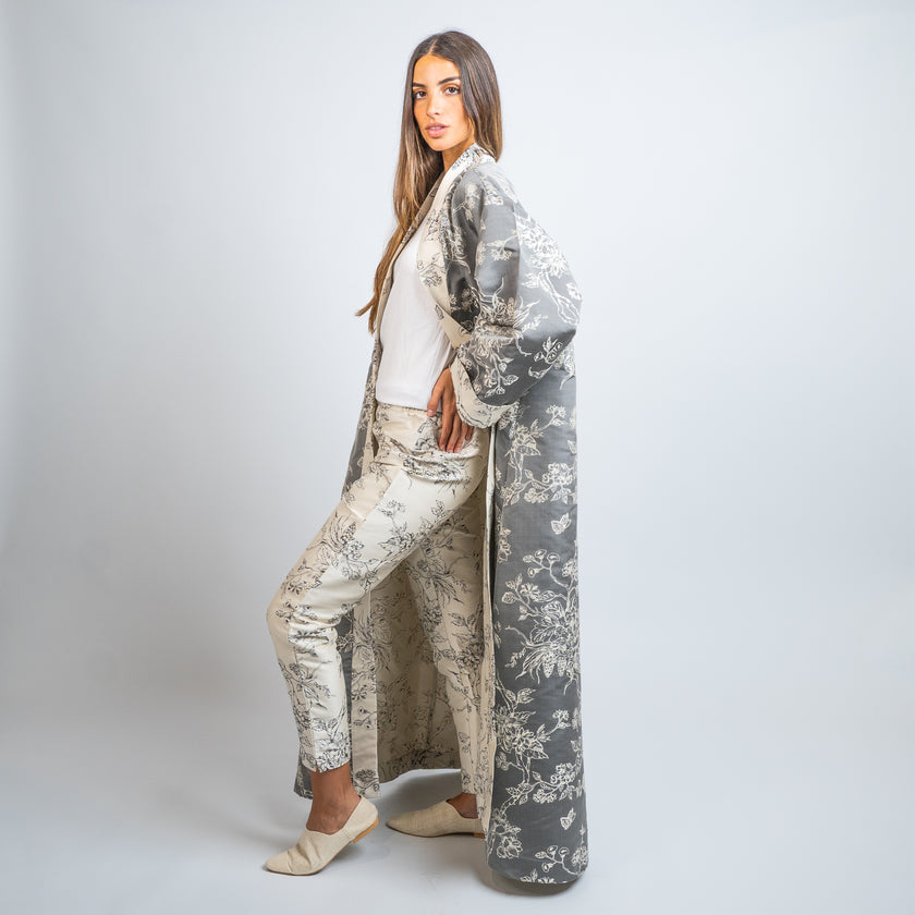 Set Kimono en Jacquard de Seda Estampado + Pantalón de Seda