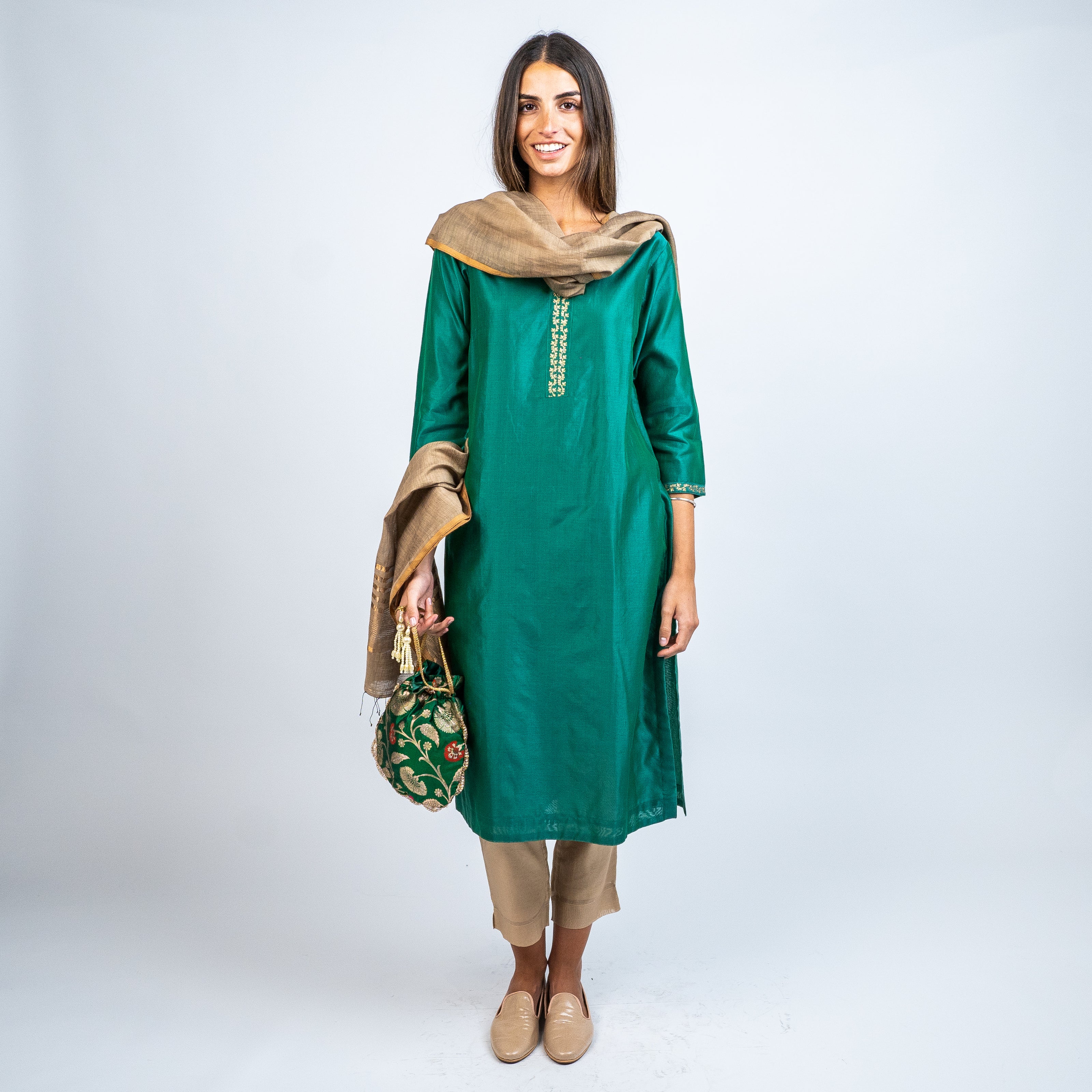 Set Kurta en Algodón/Seda con Pantalón y Dupatta