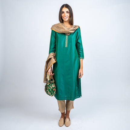 Set Kurta en Algodón/Seda con Pantalón y Dupatta