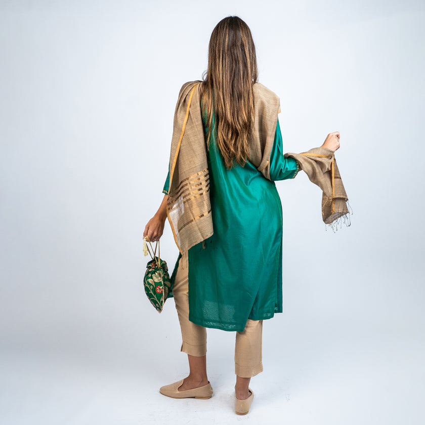 Set Kurta en Algodón/Seda con Pantalón y Dupatta