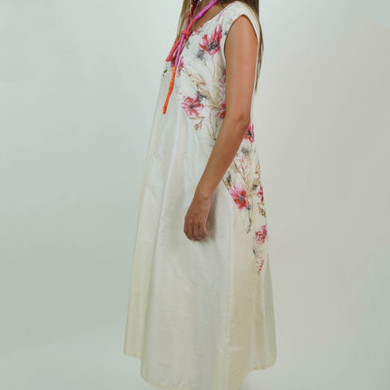 Vestido en Seda Natural con Recorte Estampado