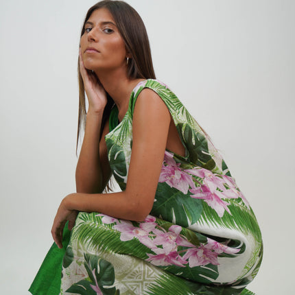 Vestido en Lino y Shantung de Seda