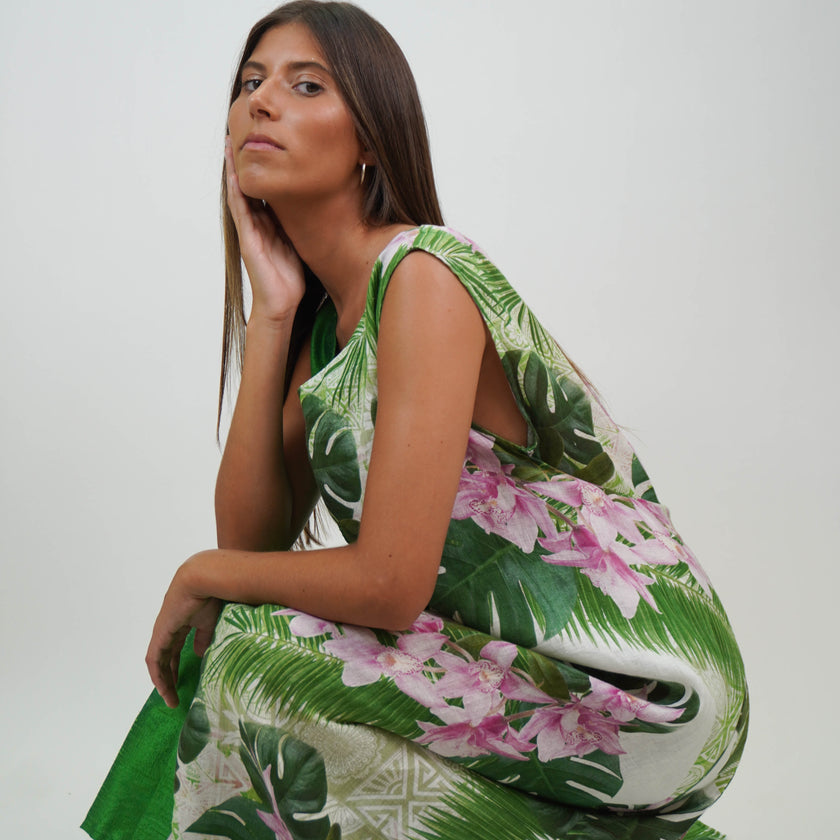 Vestido en Lino y Shantung de Seda