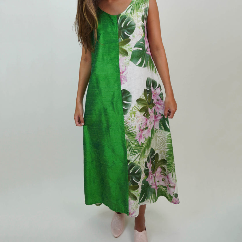 Vestido en Lino y Shantung de Seda