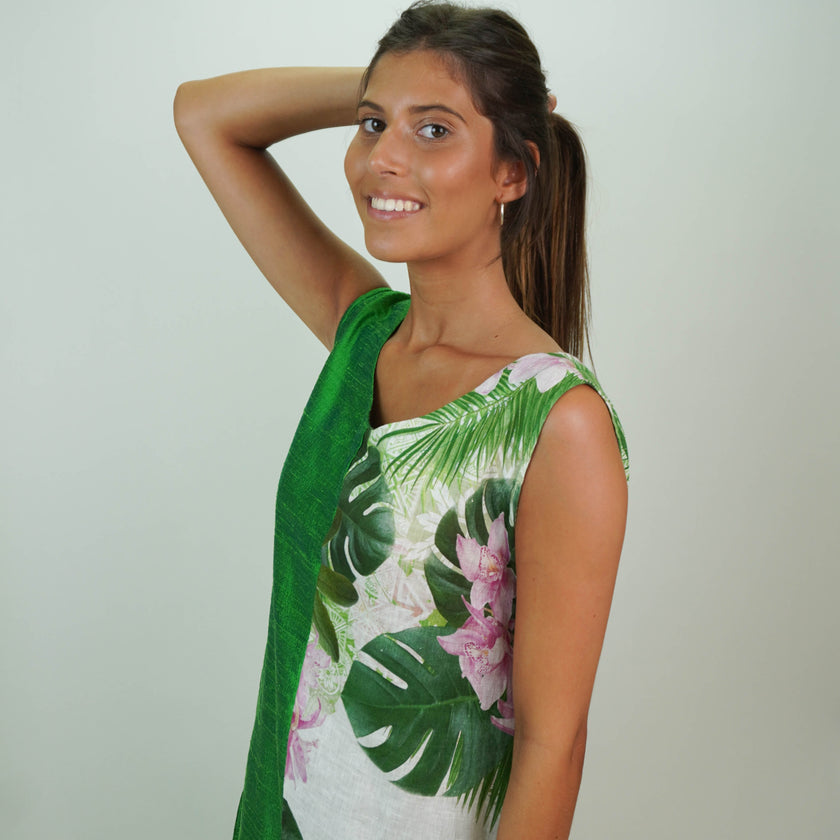 Vestido en Lino y Shantung de Seda