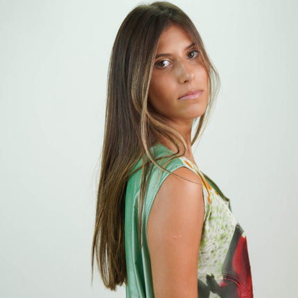 Vestido en Shantung de Seda con Recortes Estampados